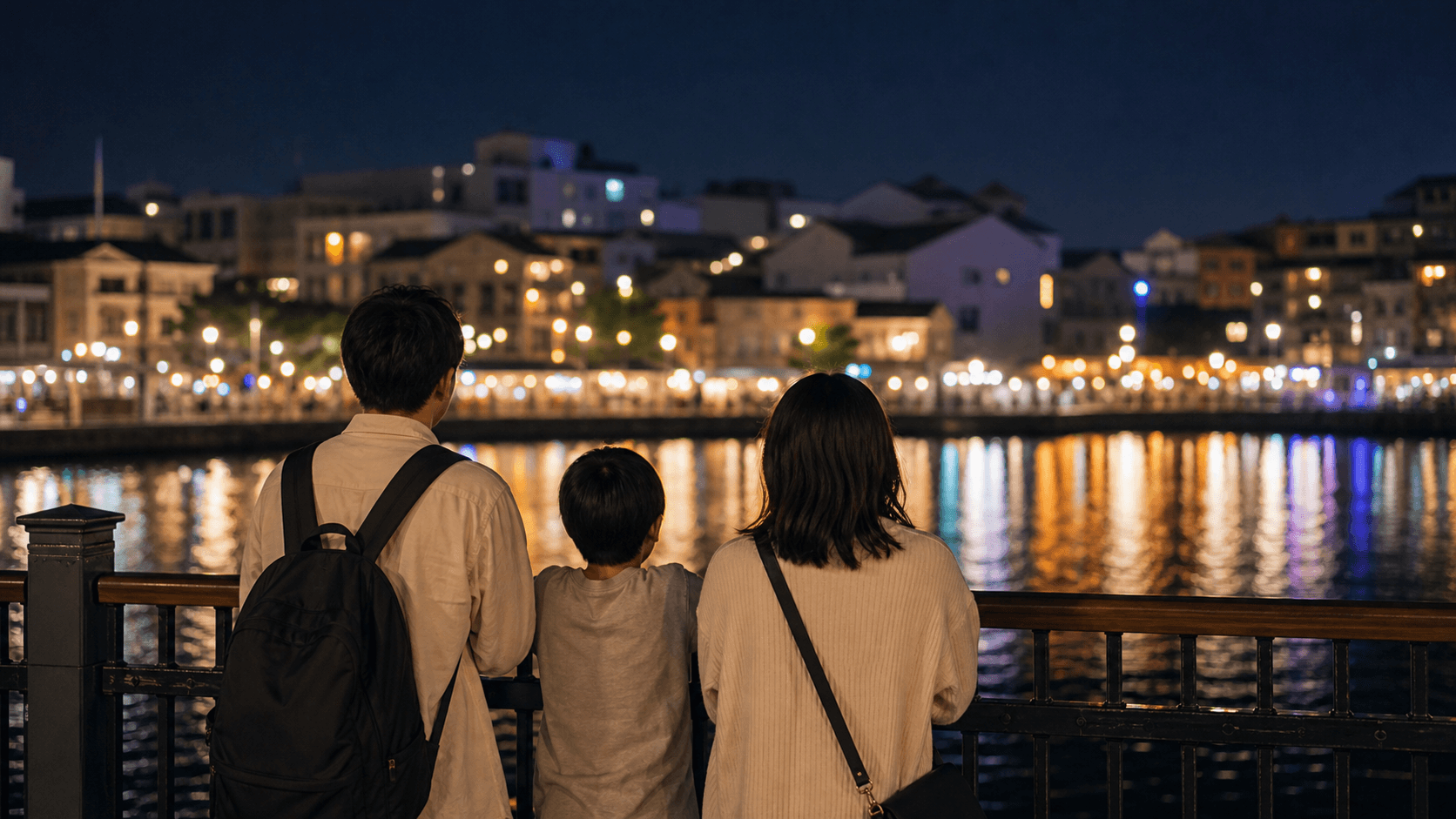夜の水辺のイルミネーションを眺める家族の後ろ姿