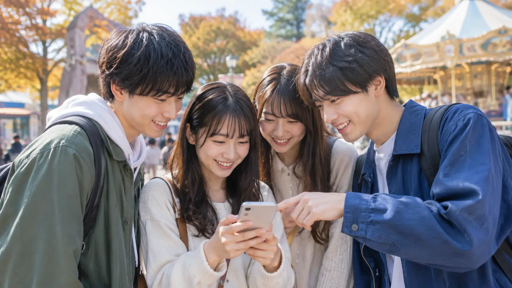 秋の遊園地の入口でスマホのチケット画面を確認する学生グループ