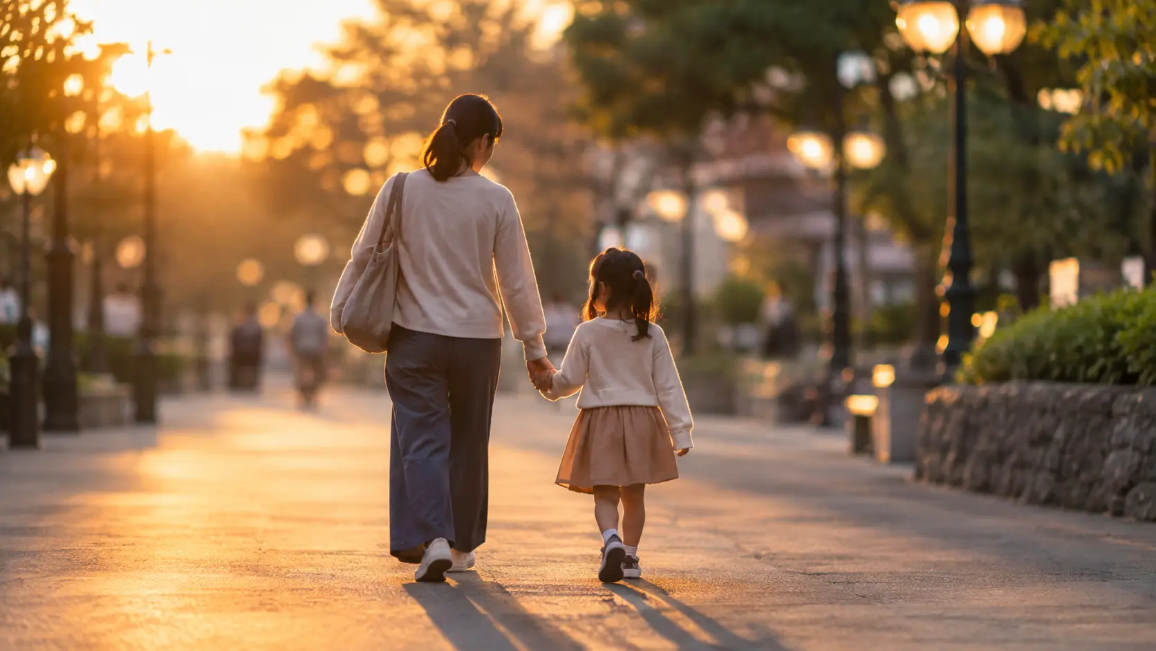 夕方に灯りがともりはじめた屋外の園路を親子が後ろ姿で歩いている様子