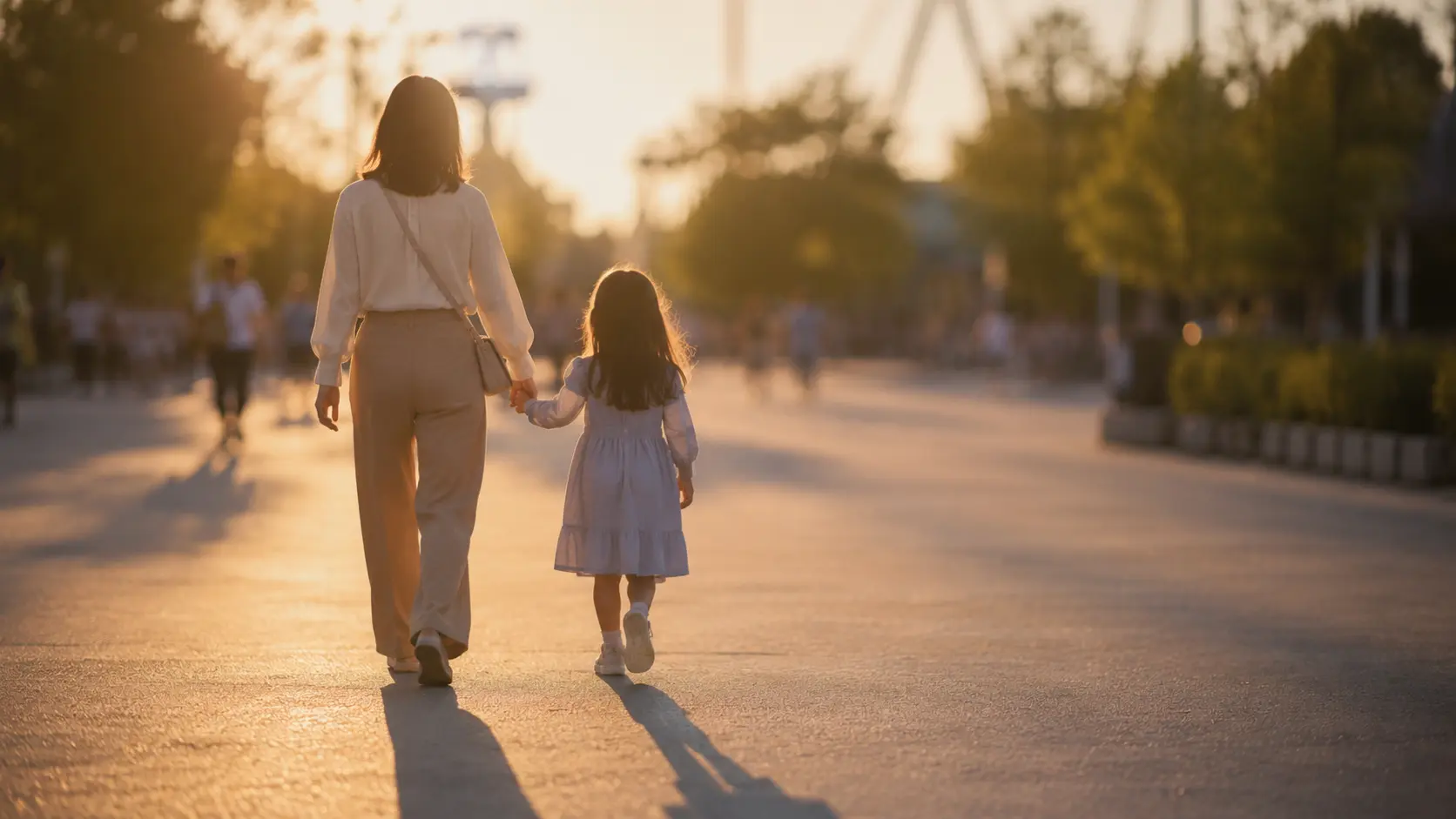 夕方の斜めの光が差す園路を手をつないだ親子が後ろ姿で歩いている様子
