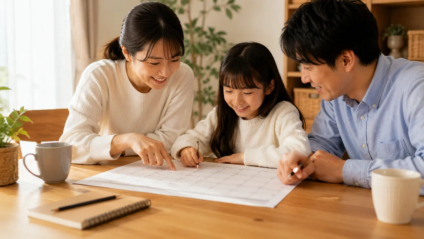 紙のカレンダーを広げて、来年どの時期に出かけるかを家族で相談しているところ