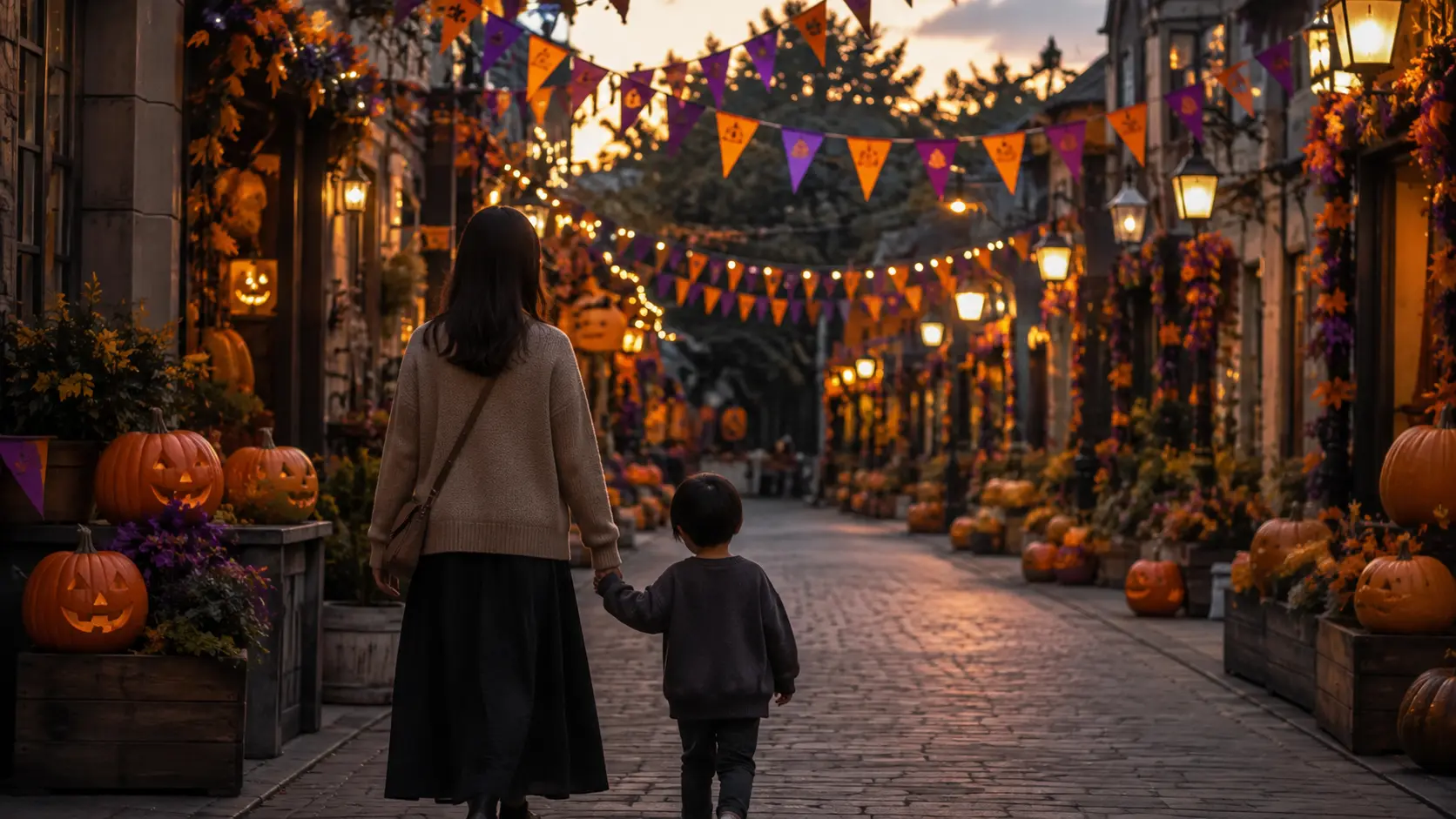 ハロウィーンの飾りが並ぶ通りを親子が歩く夕暮れの場面