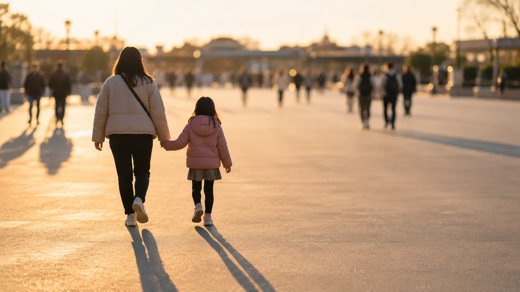 夕方の斜めの光が差す屋外の園路を、手をつないだ親子が後ろ姿で歩いている様子