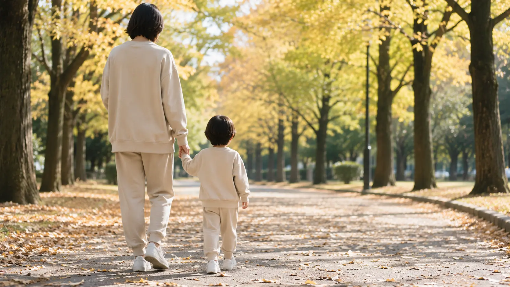 上下そろいの色の服を着た子どもが親と手をつないで歩いているところ