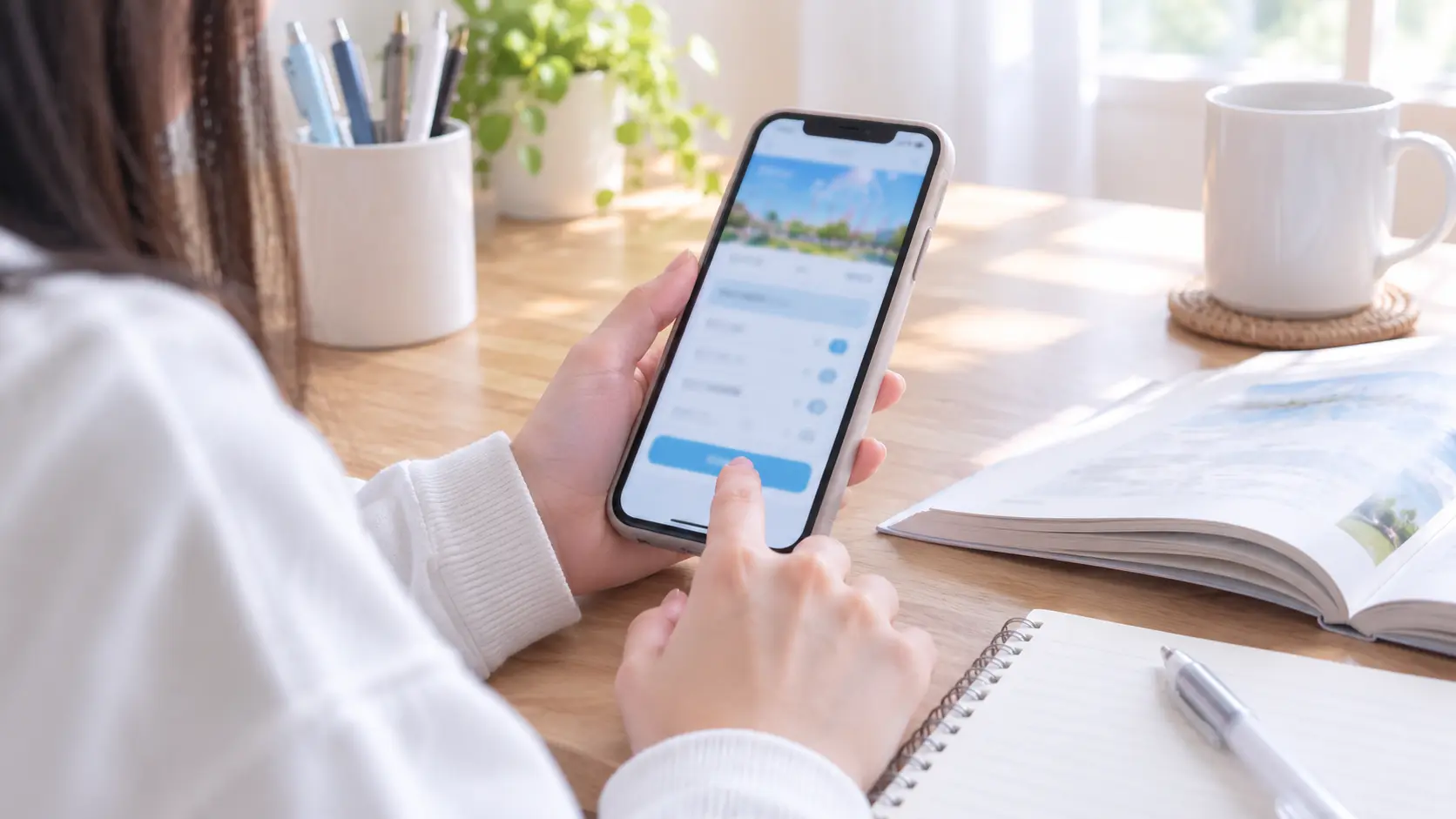 自宅の机でスマホからオンラインチケットを購入する学生の手元