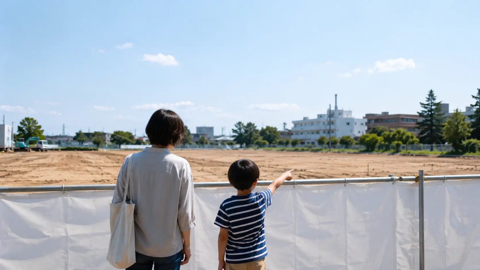工事用の仮囲いの外から、これからできる新しい遊び場のあたりを眺めている親子の後ろ姿