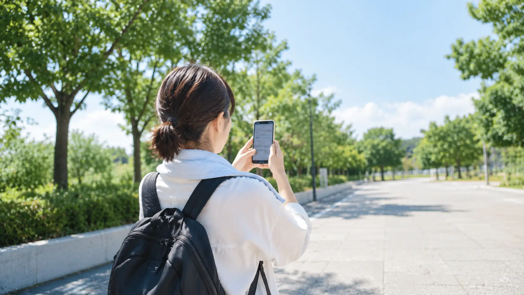 屋外の通路で立ち止まりスマートフォンを両手で持って画面を見比べている人の後ろ姿