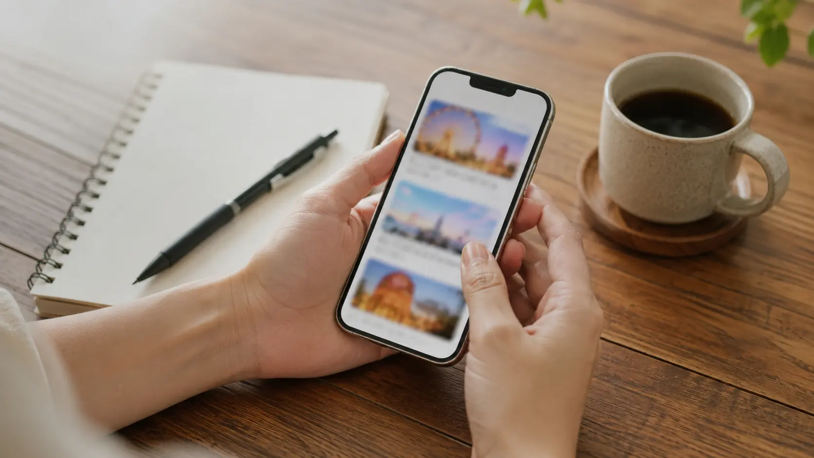 木のテーブルでスマートフォンとメモ帳を見比べながら予定を決めている大人の手元