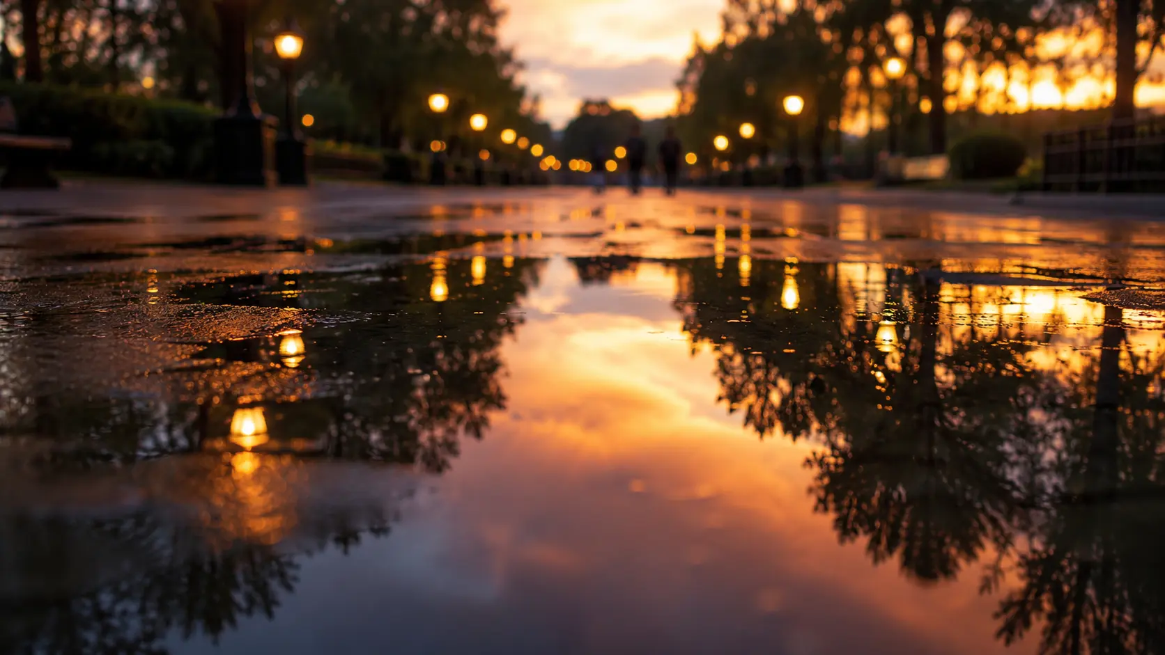 雨上がりの園路で水たまりに周囲の光が映り込んでいる様子